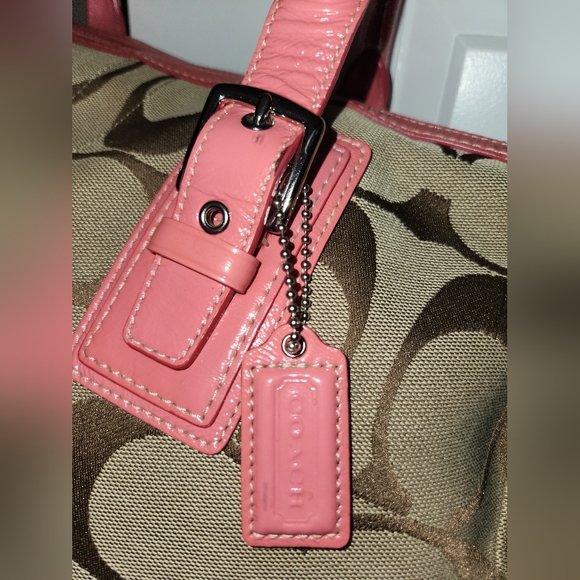 Coach Fabric & Patent Leather Handbag Bag in Pink and Taupe, Style # F13812 - Picture 12 of 16